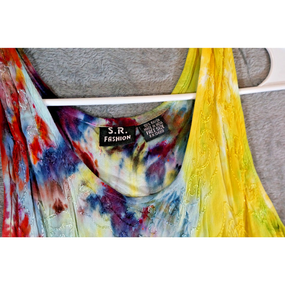 S.R. Fashion Free Size Rayon Sundress Embroidered Tie-Dye Rainbow Swirl Boho Ind - Picture 3 of 13